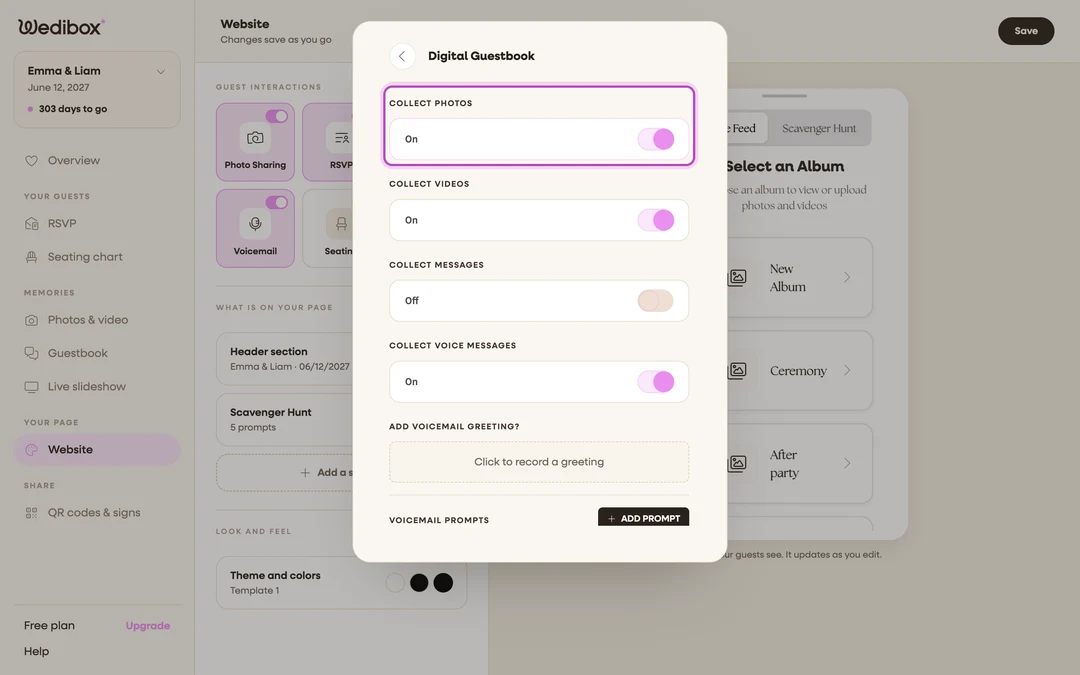 the Digital Guestbook panel with COLLECT PHOTOS and COLLECT VIDEOS toggles