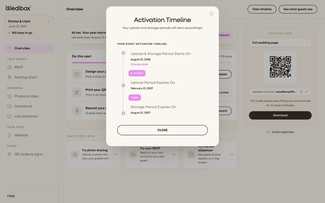 the Activation Timeline popup showing the three dated milestones