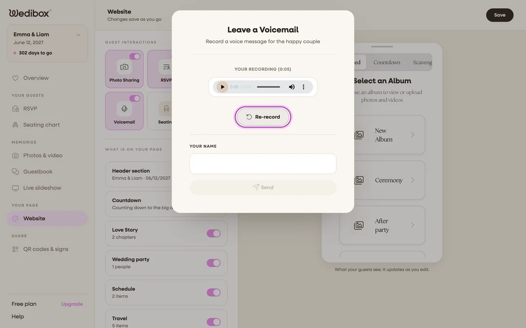the recording preview with the playback player and Re-record button highlighted