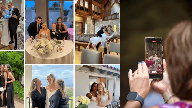 Gallery of wedding pictures showcasing alternatives to traditional wedding photographers, including a person capturing a moment with their smartphone.