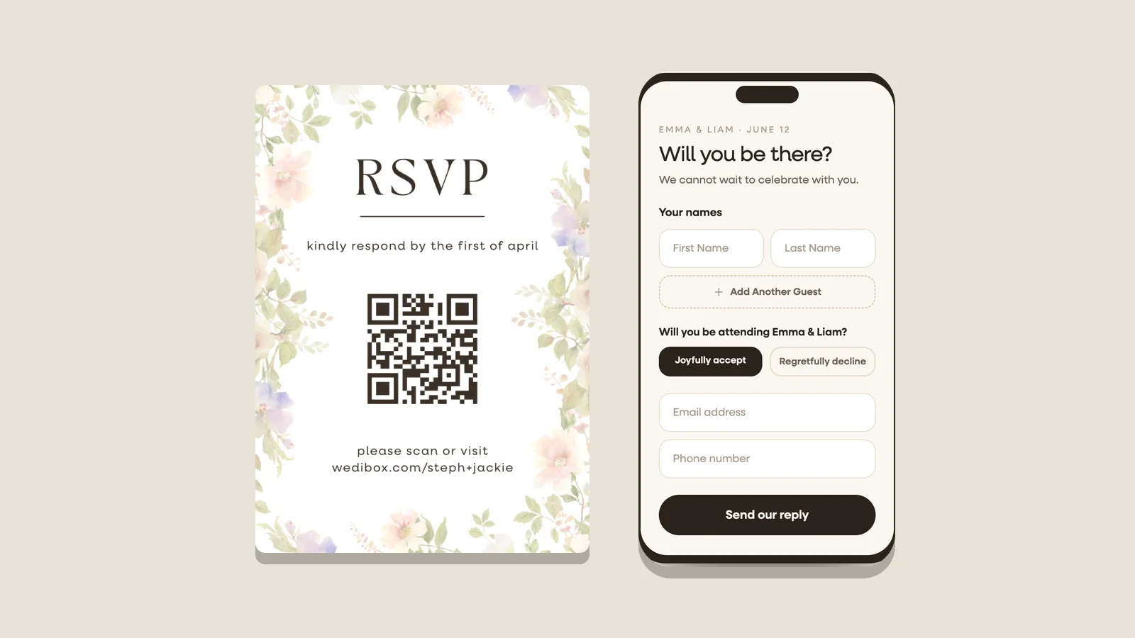 Floral wedding RSVP card with a QR code beside a phone showing the RSVP form the code opens, with the question Will you be there.