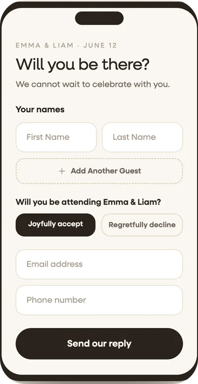 Phone view of a Wedibox wedding RSVP form asking Will you be there, with name fields, a plus one button, accept and decline choices, and contact fields.