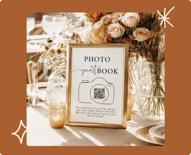 Elegant wedding guest book sign with a QR code, allowing guests to upload photos and messages digitally at a beautifully decorated reception table.