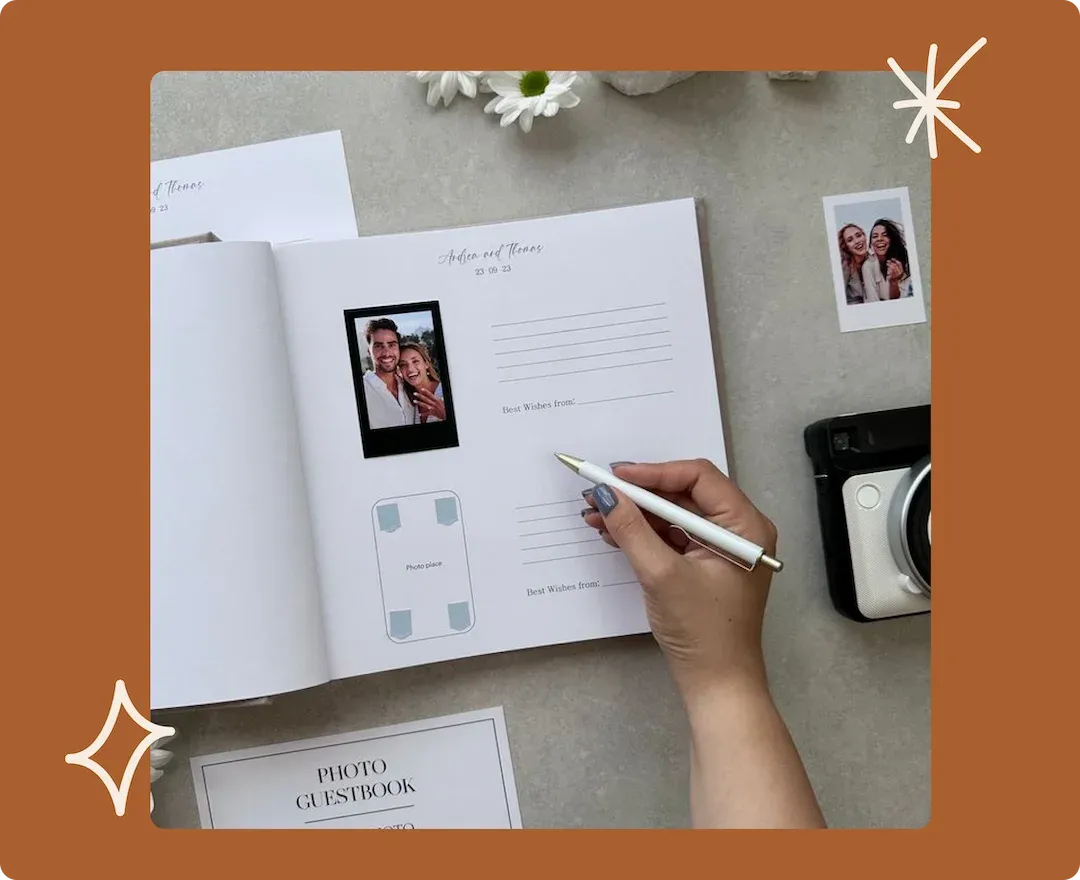 Polaroid wedding guest book with a guest adding a handwritten message beside an instant photo.