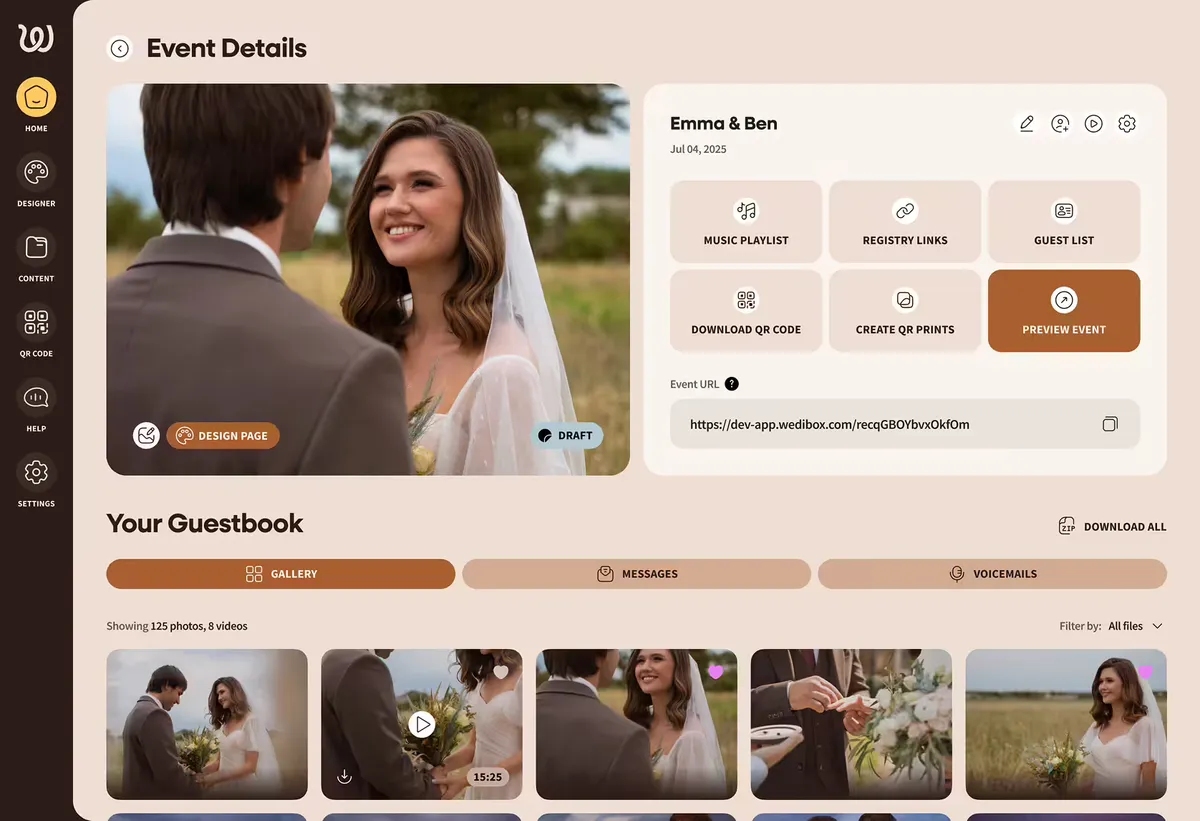 Wedibox event dashboard showing a wedding gallery with guest photos, videos, and a QR code ready to print.