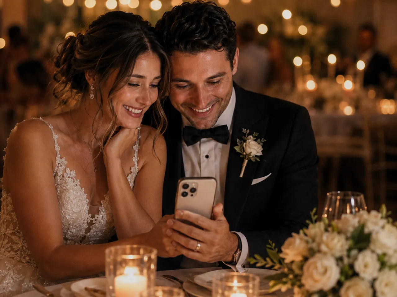 Newlyweds smiling at a phone together while replaying a guest voicemail at their reception