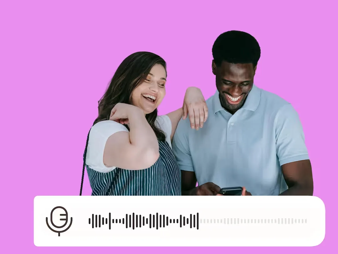 Two wedding guests laughing while recording a voice message on the Wedibox audio guestbook from their phone