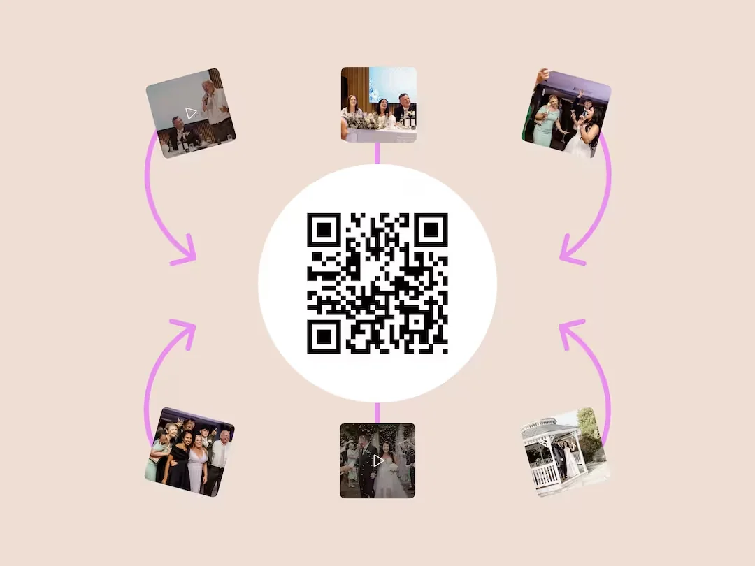 A wedding QR code ringed by guest photos and videos, showing how one Wedibox code collects every memory in one place
