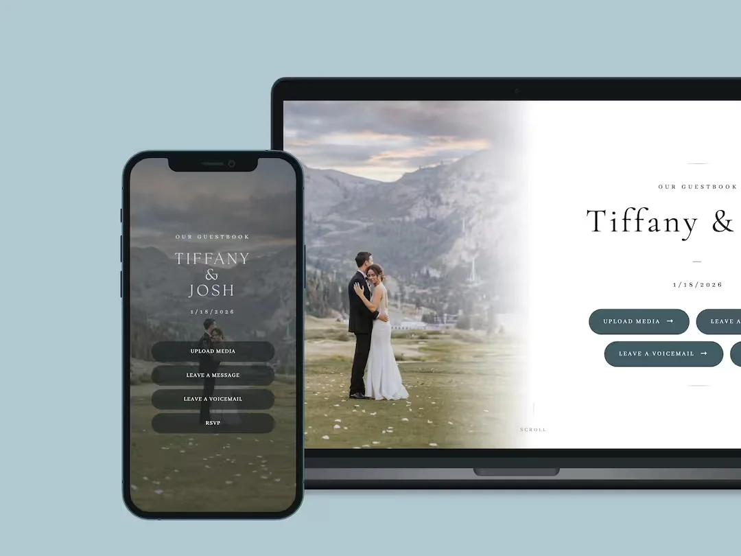 A Wedibox wedding website and QR code landing page on a phone and a laptop, with RSVP, photo upload, guestbook, and voice message all on one page