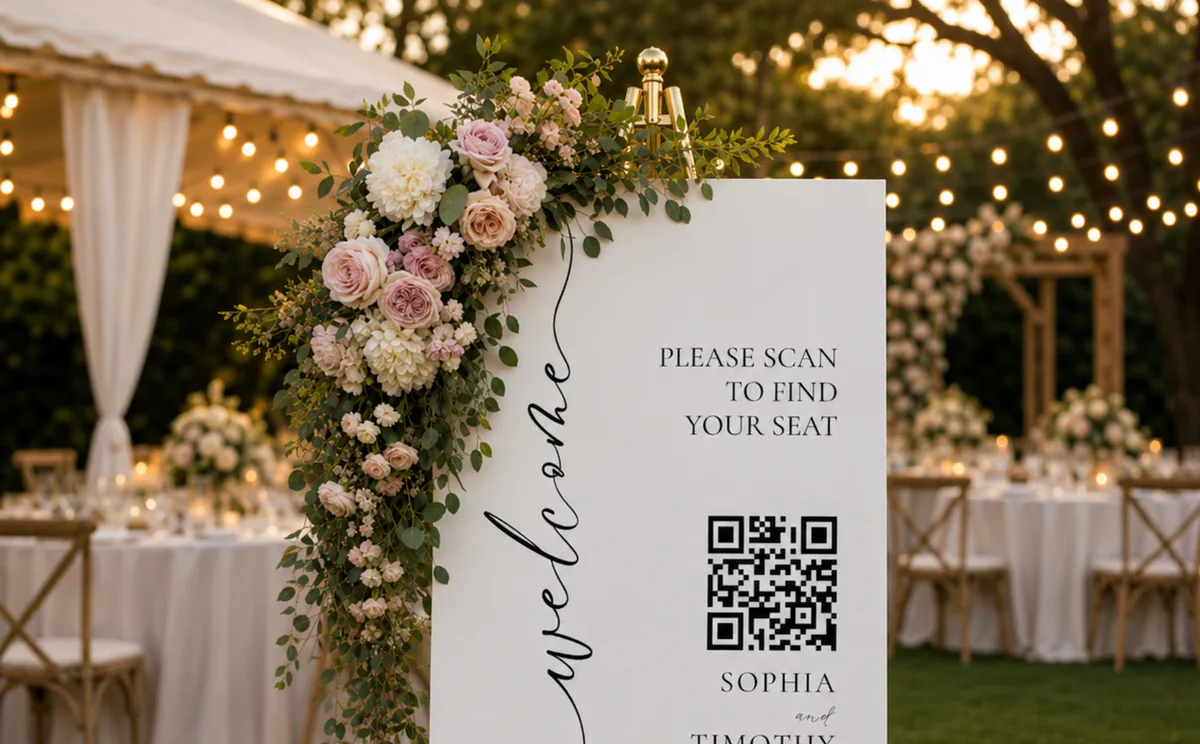 Wedding reception with a QR code seating chart sign