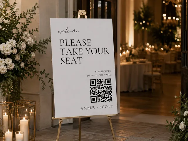 Welcome sign on an easel at the reception door: please take your seat, scan the code to find your table