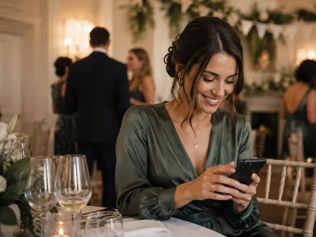 Guest smiling at her phone during a reception in New York