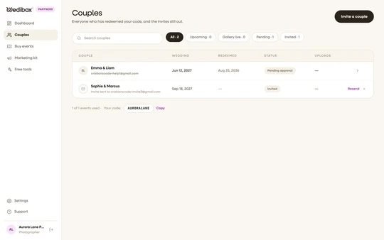 The Couples tab in the partner dashboard with one couple who redeemed the gift and one invited couple