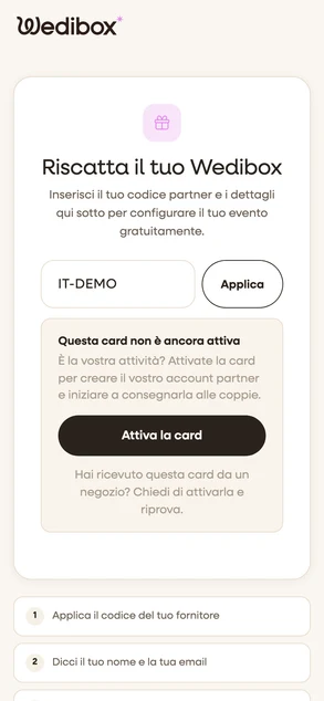 The gift page on a phone with the code IT-DEMO and the activate card button highlighted