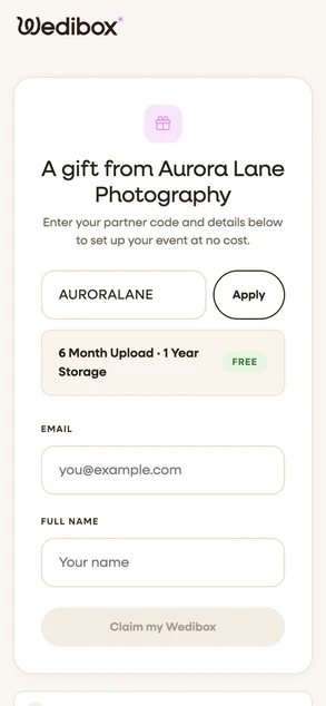 The gift page on a phone: A gift from the partner, the code already filled in, and the 6 Month Upload, 1 Year Storage, Free strip