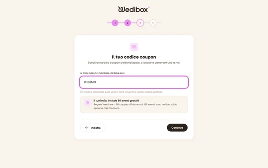 The coupon code step with IT-DEMO in the highlighted field and the note that the invite includes 50 free events