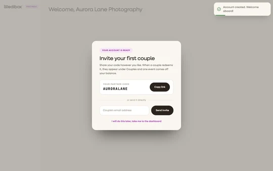 The welcome screen with the new partner code, the copy link button, and the link to the dashboard