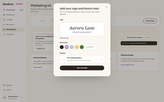 The Add your logo and brand color window in the partner dashboard with a logo uploaded and the orchid colour selected