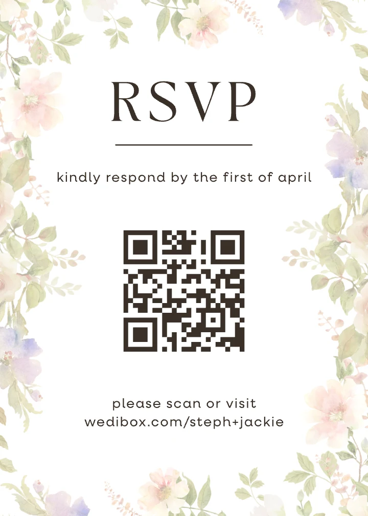 Carte RSVP mariage fleurie avec le QR code que les invités scannent pour répondre